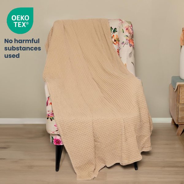 The Fine Living Co. 100% Cotton Waffle Weave Throw Blanket   Lightweight Soft and Breathable Throw Blanket for All Season  Skin Friendly Blanket for Couch Bed Sofa  50”x70” inches Sand - Image 5
