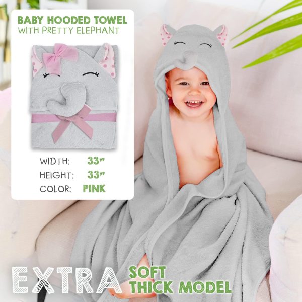 PUREVACY Hooded Baby Towels 33 x 33 Inch. Pink Terry Cotton Baby Bath Towels Hooded with Elephant Face and Ears. Soft Toddler Hooded Towels for Boy Girl. Absorbent Hooded Baby Towel - Image 2