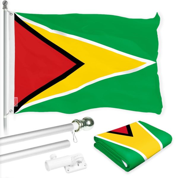 G128 Combo Pack: 6 Ft Tangle Free Aluminum Spinning Flagpole (Silver) & Guyana Guyanese Flag 3x5 Ft, LiteWeave Pro Series Printed 150D Polyester | Pole with Flag Included