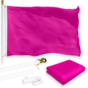 G128 Combo Pack: 5 Ft Tangle Free Aluminum Spinning Flagpole (White) & Solid Pink Color Flag 2x3 Ft, LiteWeave Pro Series Printed 150D Polyester | Pole with Flag Included