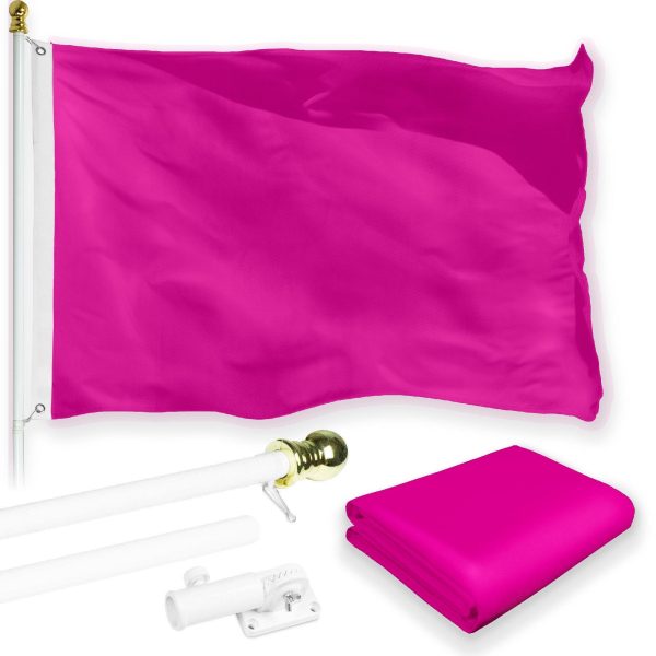 G128 Combo Pack: 5 Ft Tangle Free Aluminum Spinning Flagpole (White) & Solid Pink Color Flag 2x3 Ft, LiteWeave Pro Series Printed 150D Polyester | Pole with Flag Included