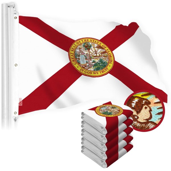 G128 5 Pack: Florida FL State Flag | 5x8 Ft | StormFlyer Series Embroidered 220GSM Spun Polyester | Embroidered Design, Indoor/Outdoor, Brass Grommets, Heavy Duty, All Weather