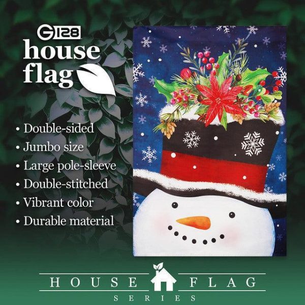 G128 House Flag Snowman with Festive Evergreen Top Hat | 28x40 Inch | Printed Blockout Polyester - Christmas Decoration - Image 2