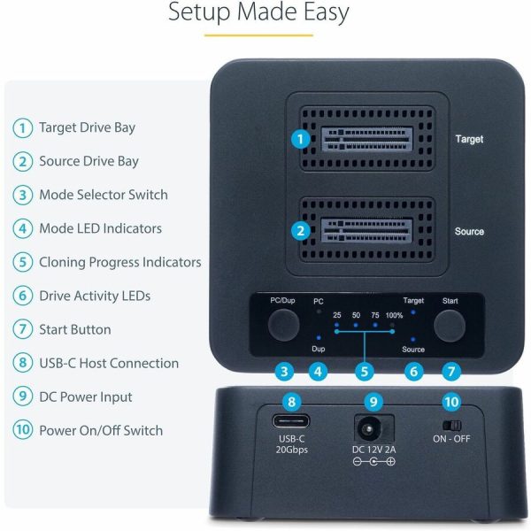 StarTech.com 1:1 M.2 NVMe Drive Duplicator, 90GBpm Standalone M.2 SSD Cloner/Copier, USB-C 3.2 20Gbps M.2 Dual-Bay Drive Docking Station - Image 6