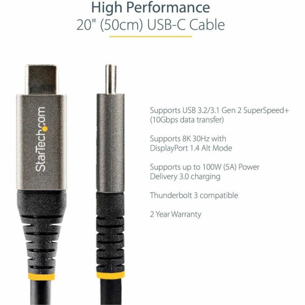 StarTech.com 20" 50cm USB C Cable 10Gbps, USB 3.1 Type-C Cable, 5A/100W, DP Alt Mode, USB-C Cord for USB-C Laptop/Phone/Device - Image 3