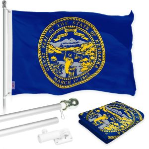G128 Combo Pack: 6 Ft Tangle Free Spinning Flagpole (Silver) & Nebraska Flag 3x5 Ft Printed 150D Polyester, Brass Grommets (Flag Included) Aluminum Flag Pole