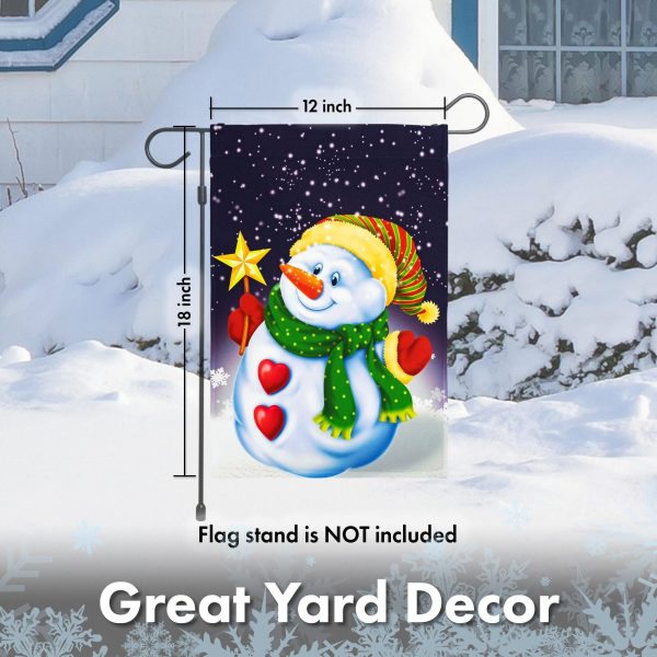 G128 - Christmas Garden Flag, Christmas and Winter Themed Decorations - Snowman Playing in The Snow,  | 12x18 Inch | Printed 150D Polyester - Rustic Holiday Seasonal Outdoor Flag - Image 6