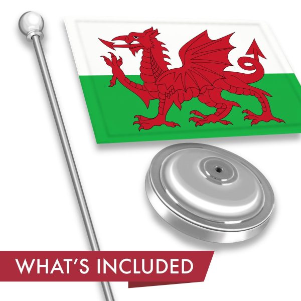 G128 Wales Welsh Deluxe Desk Flag Set | 8.5x5.5 In | Printed 300D Polyester, with Silver Dome and Base, 15" Metal Pole, Decorations For Office, Home and Festival Events Celebration - Image 2