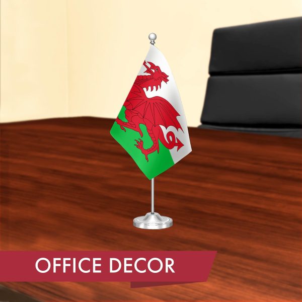 G128 Wales Welsh Deluxe Desk Flag Set | 8.5x5.5 In | Printed 300D Polyester, with Silver Dome and Base, 15" Metal Pole, Decorations For Office, Home and Festival Events Celebration - Image 4