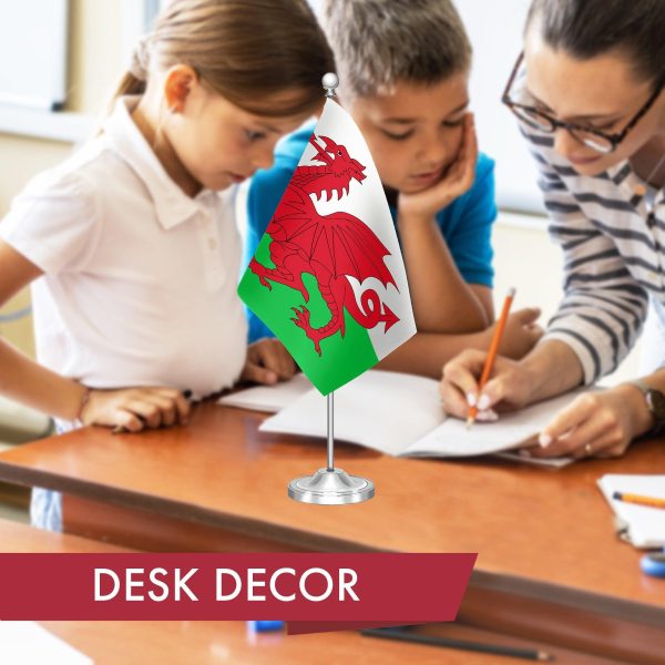 G128 Wales Welsh Deluxe Desk Flag Set | 8.5x5.5 In | Printed 300D Polyester, with Silver Dome and Base, 15" Metal Pole, Decorations For Office, Home and Festival Events Celebration - Image 5