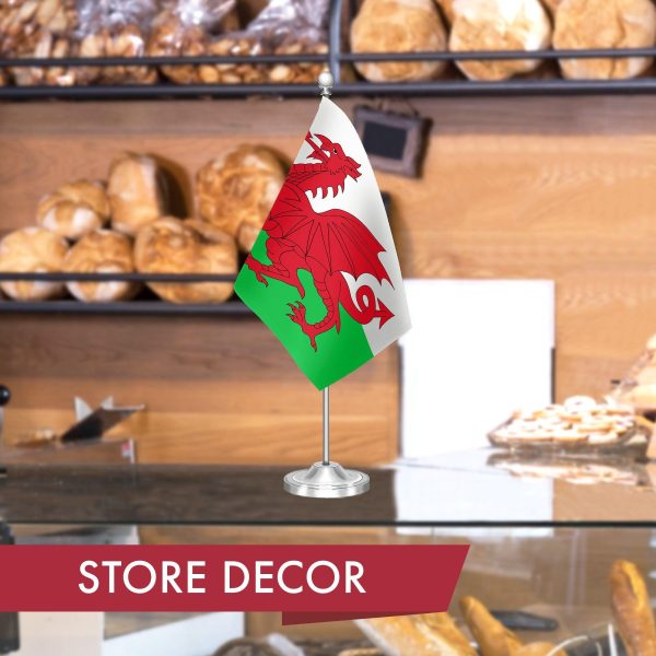 G128 Wales Welsh Deluxe Desk Flag Set | 8.5x5.5 In | Printed 300D Polyester, with Silver Dome and Base, 15" Metal Pole, Decorations For Office, Home and Festival Events Celebration - Image 6