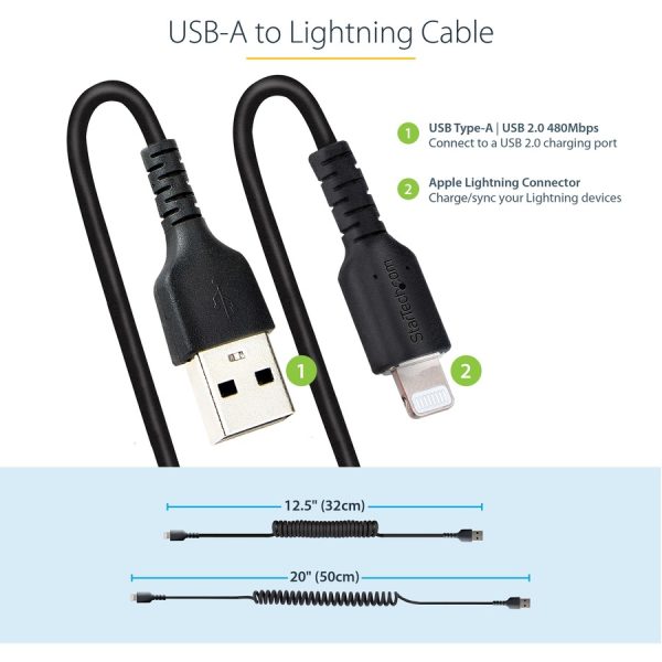 StarTech.com 50cm/20in USB to Lightning Cable, MFi Certified, Coiled iPhone Charger Cable, Black, Durable TPE Jacket Aramid Fiber - Image 3