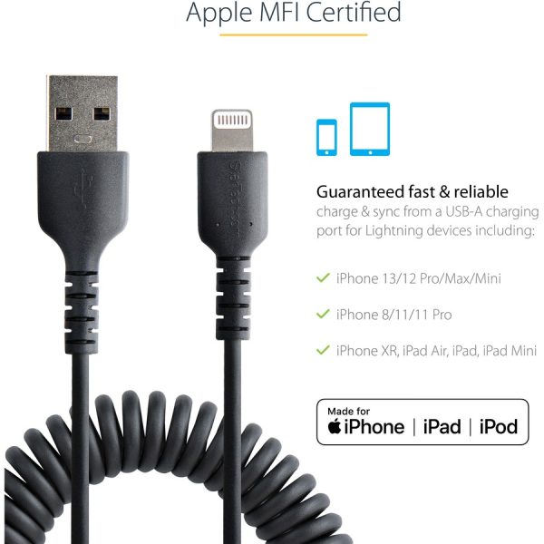 StarTech.com 50cm/20in USB to Lightning Cable, MFi Certified, Coiled iPhone Charger Cable, Black, Durable TPE Jacket Aramid Fiber - Image 5