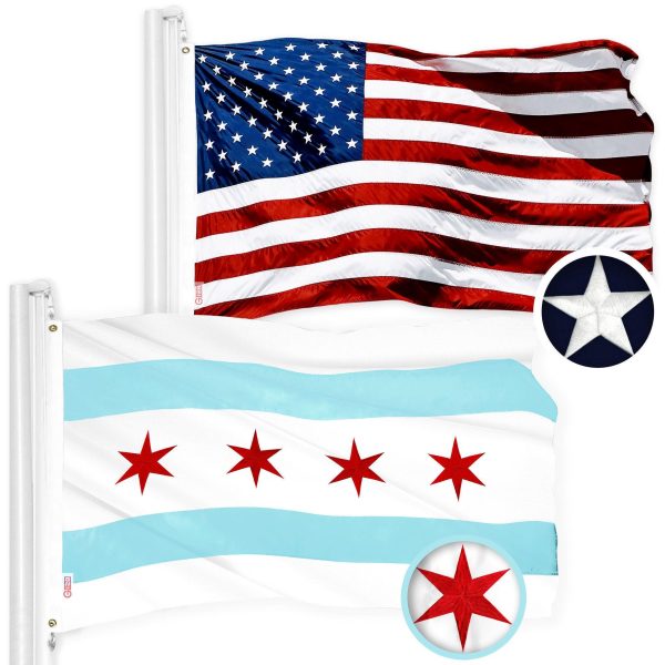 G128 Combo Pack: USA American Flag & Chicago Flag 2x3 Ft Embroidered 300D Polyester, Indoor/Outdoor, Brass Grommets