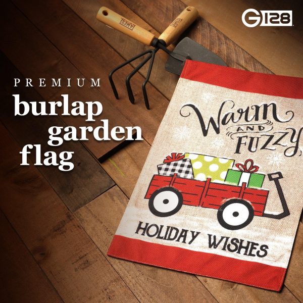 G128 Garden Flag Warm and Fuzzy Holiday Wishes Wagon with Gifts | 12x18 Inch | Printed Burlap Polyester - Christmas Decoration - Image 2