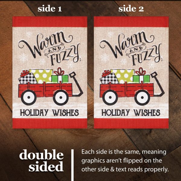 G128 Garden Flag Warm and Fuzzy Holiday Wishes Wagon with Gifts | 12x18 Inch | Printed Burlap Polyester - Christmas Decoration - Image 3