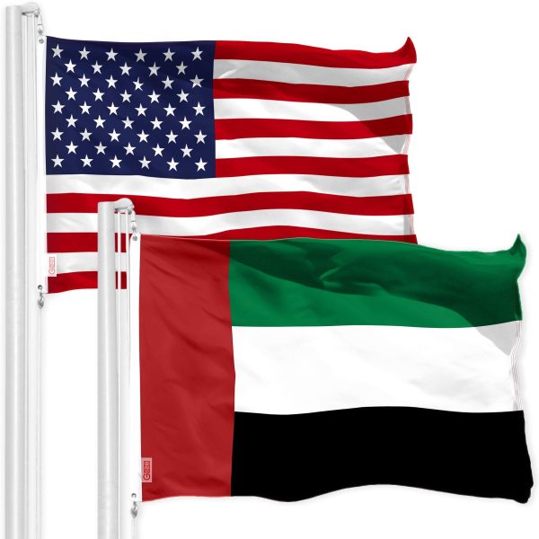 G128 Combo Pack: American USA Flag 3x5 Ft & United Arab Emirates Emirati Flag 3x5 Ft, Both Printed 150D Polyester, Indoor/Outdoor, Brass Grommets