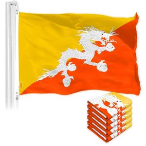 G128 5 Pack: Bhutan Bhutanese Flag | 3x5 Ft | LiteWeave Pro Series Printed 150D Polyester | Country Flag, Indoor/Outdoor, Vibrant Colors, Brass Grommets, Thicker and More Durable Than 100D 75D Poly