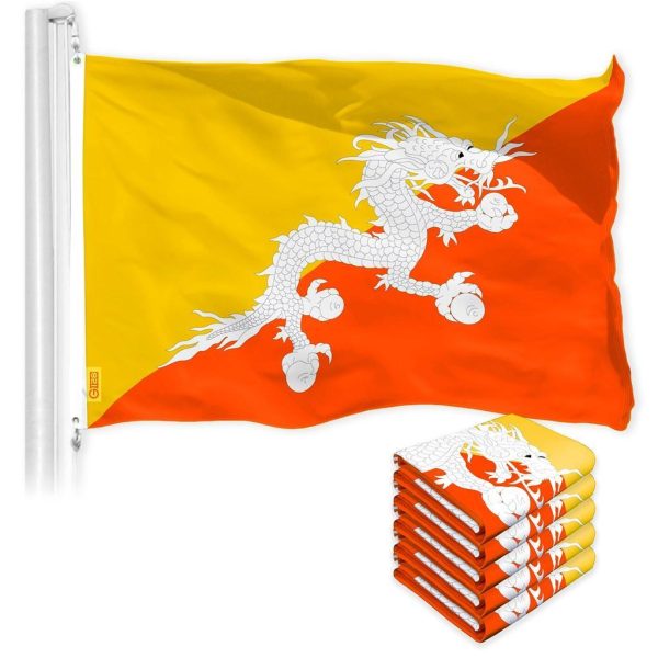 G128 5 Pack: Bhutan Bhutanese Flag | 3x5 Ft | LiteWeave Pro Series Printed 150D Polyester | Country Flag, Indoor/Outdoor, Vibrant Colors, Brass Grommets, Thicker and More Durable Than 100D 75D Poly