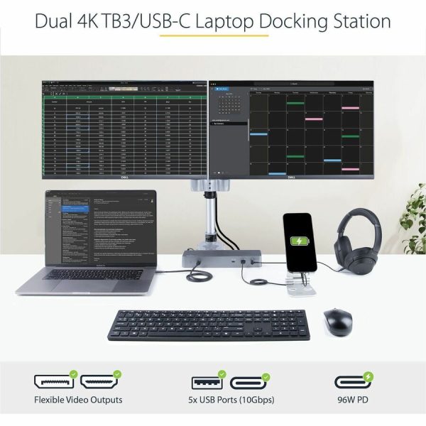 StarTech.com Thunderbolt Dock w/USB-C Host Compatibility - Dual 4K 60Hz DP 1.4 or HDMI TB/USB-C Docking Station - 1x 8K - 96W PD/5xUSB - Image 2