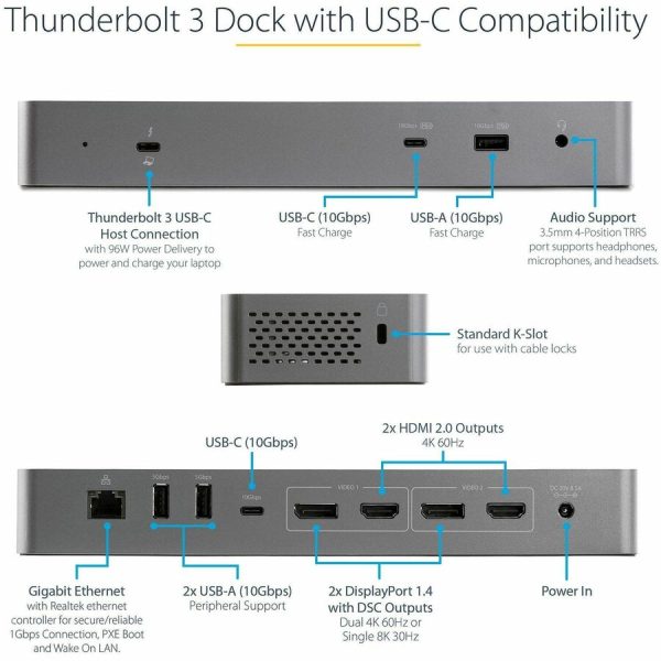 StarTech.com Thunderbolt Dock w/USB-C Host Compatibility - Dual 4K 60Hz DP 1.4 or HDMI TB/USB-C Docking Station - 1x 8K - 96W PD/5xUSB - Image 3