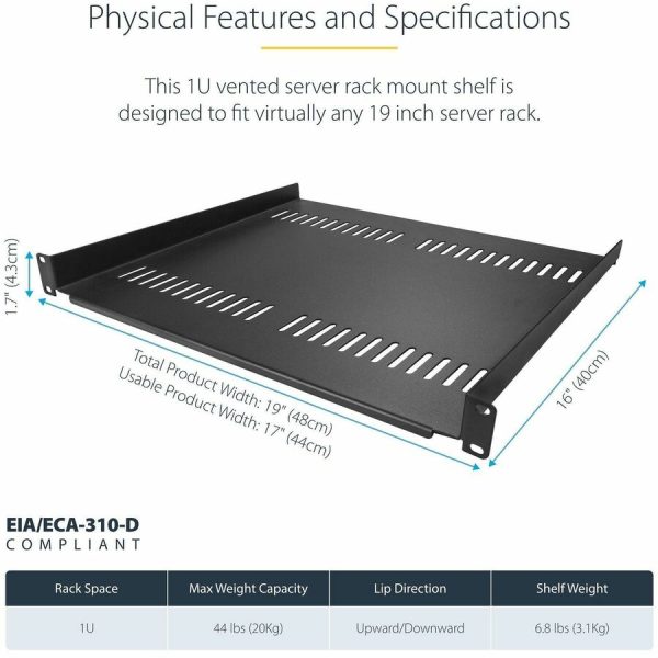 StarTech.com 1U Server Rack Cabinet Shelf - Fixed 16" Deep Cantilever Rackmount Tray for 19" Data/AV/Network Enclosure w/Cage Nuts, Screws - Image 3
