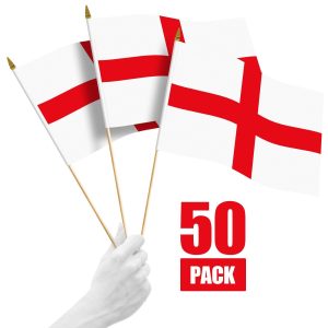 G128 50 Pack Handheld England English Stick Flags | 12x18 In | Printed 150D Polyester, Country Flag, Solid Wooden Stick, Spear Gold Tip