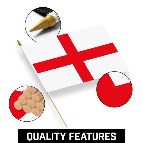 G128 50 Pack Handheld England English Stick Flags | 12x18 In | Printed 150D Polyester, Country Flag, Solid Wooden Stick, Spear Gold Tip - Image 8