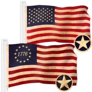 G128 Combo Pack: American USA Tea-Stained Flag 3x5 Ft & 1776 Tea-Stained Flag 3x5 Ft | Both ToughWeave Pro Series Embroidered 420D Polyester, Embroidered Design, Indoor/Outdoor, Brass Grommets