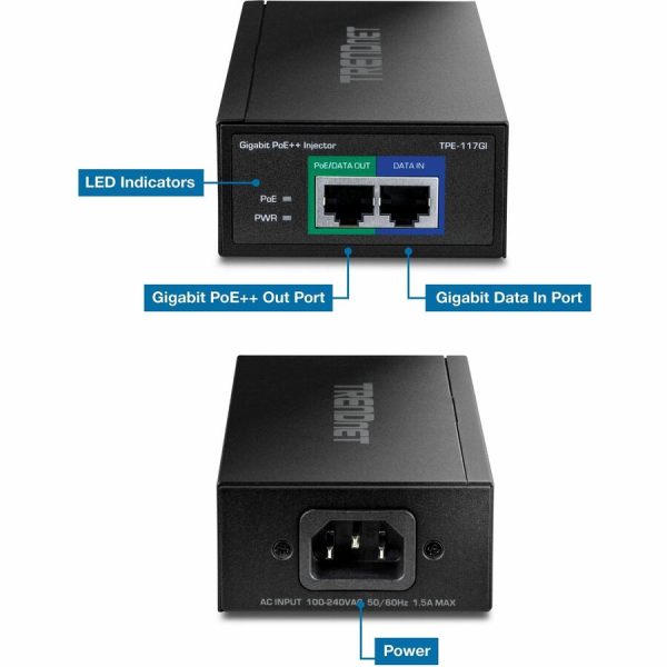 TRENDnet Gigabit PoE++ Injector, Supplies PoE (15.4W), PoE+ (30W), or PoE++ (60W), Network A PoE Device Up To 100m(328 ft), Supports IEEE 802.3af,802.at, Plug & Play, Black, TPE-117GI - Image 3