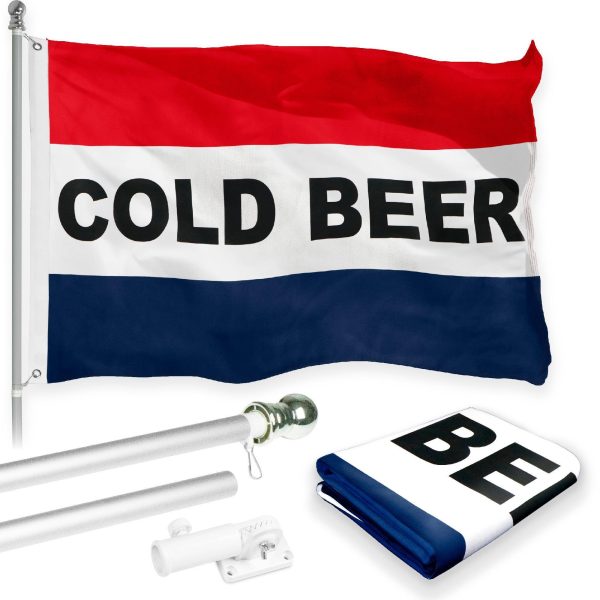 G128 Combo Pack: 6 Feet Tangle Free Spinning Flagpole (Silver) Cold Beer Flag 3x5 ft Printed 150D Brass Grommets (Flag Included) Aluminum Flag Pole