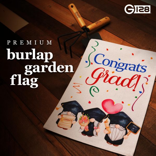 G128 Garden Flag Congrats Grad Three Gnomes Graduating 12"x18" Burlap Fabric - Image 2