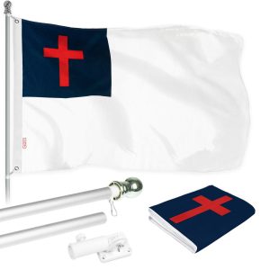 G128 - 6 Feet Tangle Free Spinning Flagpole (Silver) Christian Brass Grommets Printed 3x5 ft (Flag Included) Aluminum Flag Pole