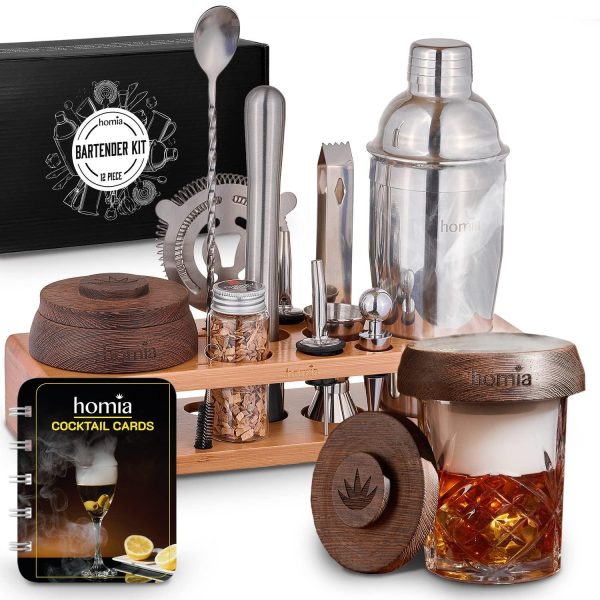 Bartender Kit with Whiskey Smoker  13 pcs Bamboo Stand  Bar Set with Cocktail Shaker Bartending Kit with Essential Bar Accessory Tools Wood Chips Steel
