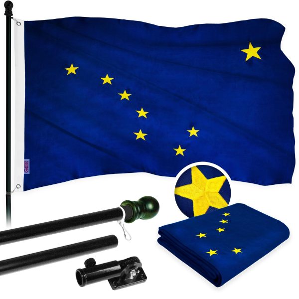 G128 Combo Pack: 5 Ft Tangle Free Aluminum Spinning Flagpole (Black) & Alaska AK State Flag 2x3 Ft, ToughWeave Series Embroidered 300D Polyester | Pole with Flag Included