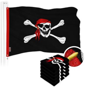 G128 5 Pack: Pirate Jolly Roger Red Head Scarf Flag | 16x24 In | ToughWeave Series Embroidered 300D Polyester | Novelty Flag, Embroidered Design, Indoor/Outdoor, Brass Grommets