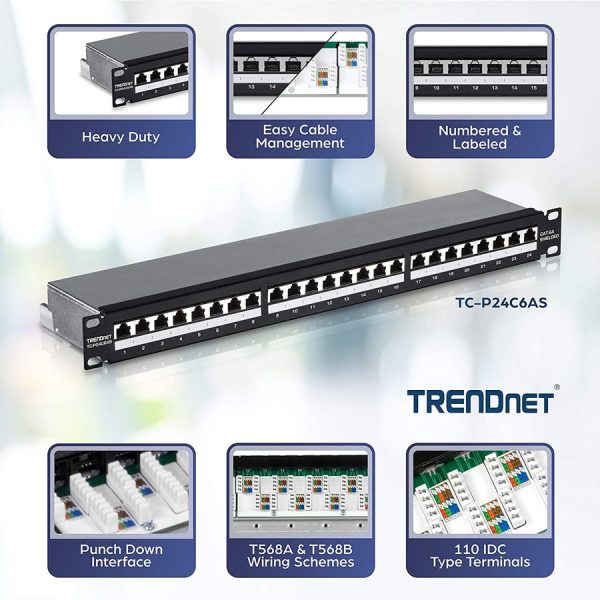 TRENDnet 24-Port Cat6A Shielded Patch Panel, 1U 19" Metal Housing, 10G Ready, Cat5e,Cat6,Cat6A Compatible, Cable Management, Color-Coded Labeling for T568A and T568B Wiring, Black, TC-P24C6AS - Image 2