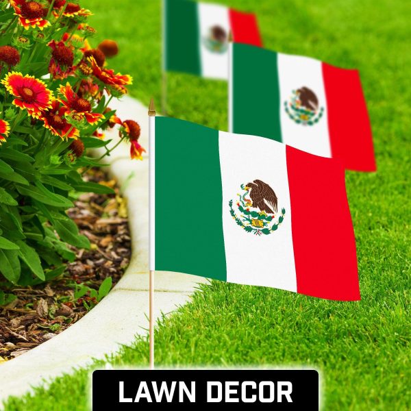 G128 24 Pack Handheld Mexico Mexican Stick Flags | 12x18 In | Printed 150D Polyester, Country Flag, Solid Wooden Stick, Spear Gold Tip - Image 3