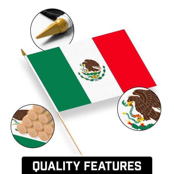 G128 24 Pack Handheld Mexico Mexican Stick Flags | 12x18 In | Printed 150D Polyester, Country Flag, Solid Wooden Stick, Spear Gold Tip - Image 8