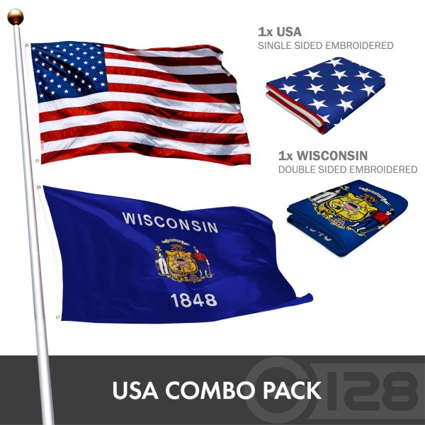 G128 Combo Pack: USA American Flag 3x5 Ft Embroidered Stars & Wisconsin State Flag 3x5 Ft Embroidered Double Sided 2ply - Image 2