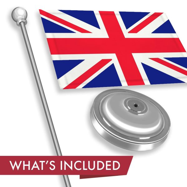 G128 United Kingdom UK Deluxe Desk Flag Set | 8.5x5.5 In | Printed 300D Polyester, with Silver Dome and Base, 15" Metal Pole, Decorations For Office, Home and Festival Events Celebration - Image 2