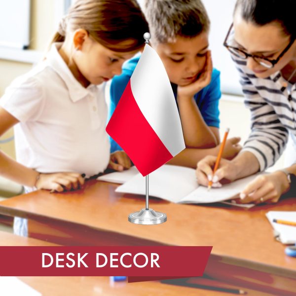 G128 Poland Polish Deluxe Desk Flag Set | 8.5x5.5 In | Printed 300D Polyester, with Silver Dome and Base, 15" Metal Pole, Decorations For Office, Home and Festival Events Celebration - Image 5