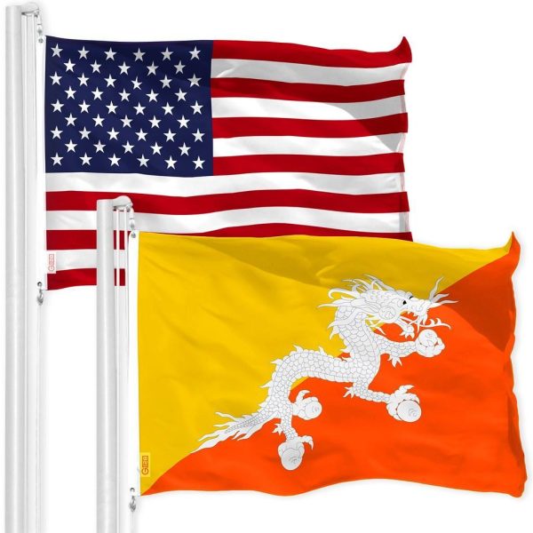 G128 Combo Pack: American USA Flag 3x5 Ft & Bhutan Flag 3x5 Ft, Both Printed 150D Polyester, Indoor/Outdoor, Brass Grommets