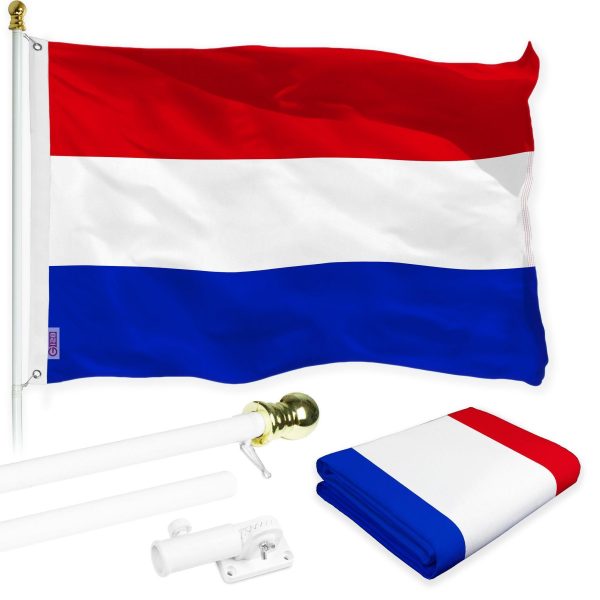 G128 Combo Pack: 6 Feet Tangle Free Spinning Flagpole (White) Netherlands Dutch Flag 3x5 ft Printed 150D Brass Grommets (Flag Included) Aluminum Flag Pole