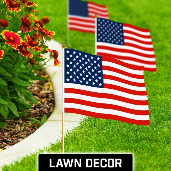 G128 12 Pack Handheld American USA Stick Flags | 12x18 In | Printed 150D Polyester, Country Flag, Solid Wooden Stick, Spear Gold Tip, Great for Patriotic Decorations - Image 3