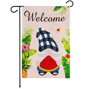 G128 Garden Flag Welcome Gnome with Watermelon Slice 12"x18" Blockout Fabric