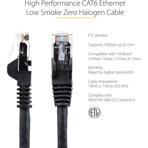 StarTech.com 7ft (2m) CAT6 Ethernet Cable, LSZH (Low Smoke Zero Halogen) 10 GbE Snagless 100W PoE UTP RJ45 Black Network Patch Cord, ETL - Image 3