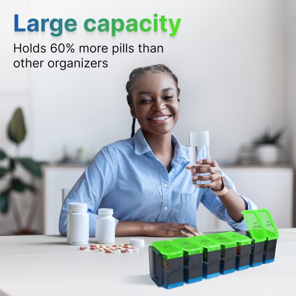 Extra Large Weekly Pill Organizer 2 Times a Day   XL Pill Case Am Pm   Big Pill Box 7 Day Oversized Daily Vitamin Organizer Jumbo Supplement Dispenser Medicine Holder Container Twice a Day Green Blue - Image 2