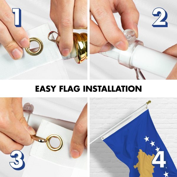G128 Combo Pack: 6 Ft Tangle Free Spinning Flagpole (White) & Kosovo Flag 3x5 Ft Printed 150D Polyester, Brass Grommets (Flag Included) Aluminum Flag Pole - Image 7