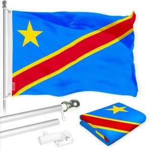 G128 Combo Pack: 6 Ft Tangle Free Spinning Flagpole (Silver) & Democratic Republic of the Congo Flag 3x5 Ft Printed 150D Polyester, Brass Grommets (Flag Included) Aluminum Flag Pole